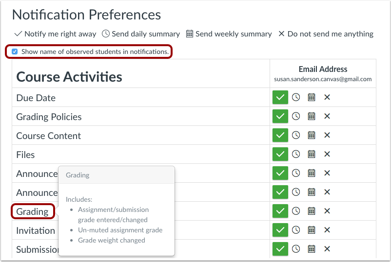 Notification Preferences with Observer Checkbox