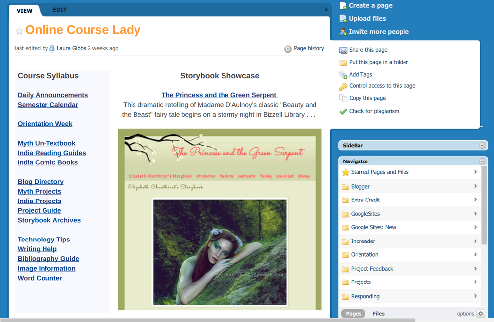 PBWorks screenshot showing folder navigator