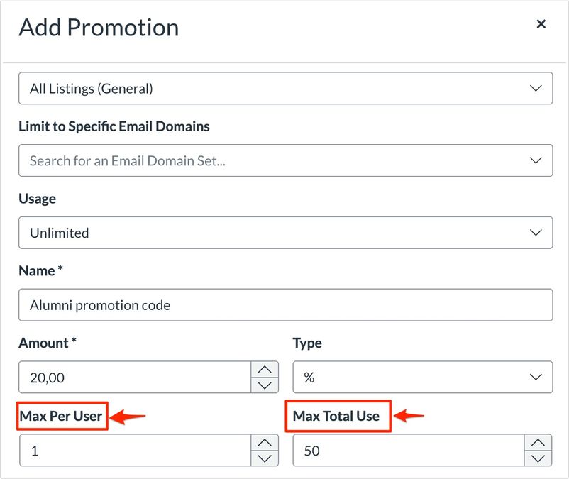 View Max Per User and Max Total Use Options