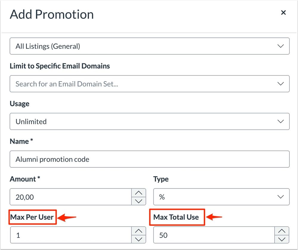 View Max Per User and Max Total Use Options