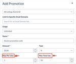 View Max Per User and Max Total Use Options
