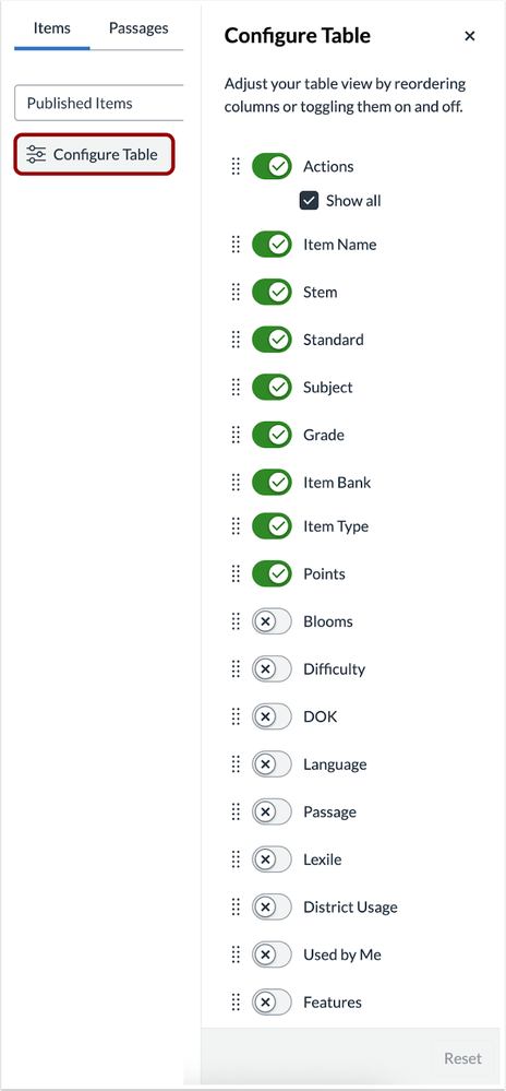 Configure Table Options