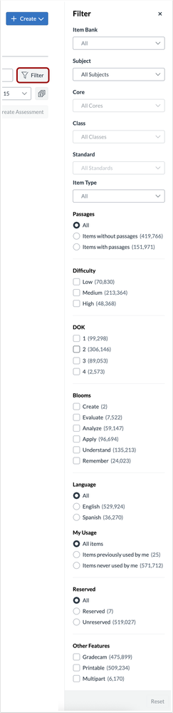 Items: Filter Options