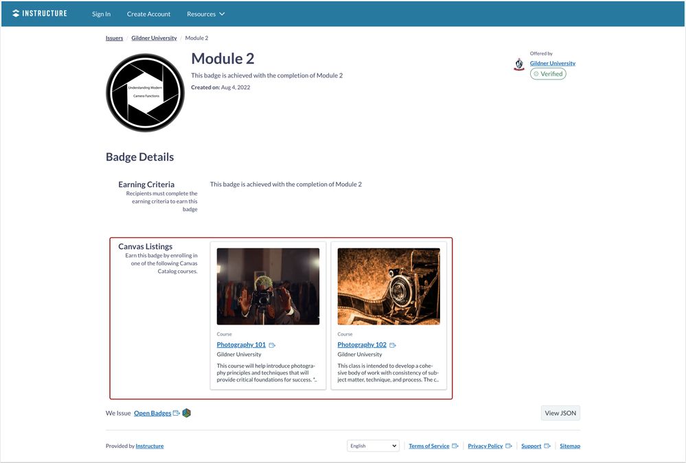 View Catalog Listing on Public Badge Page