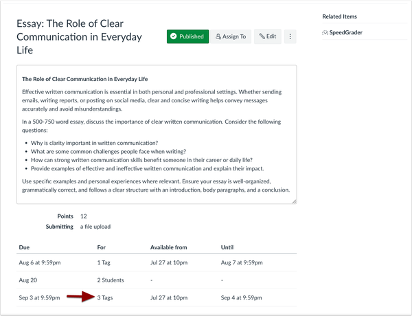 Assignment Details Page Tags Display