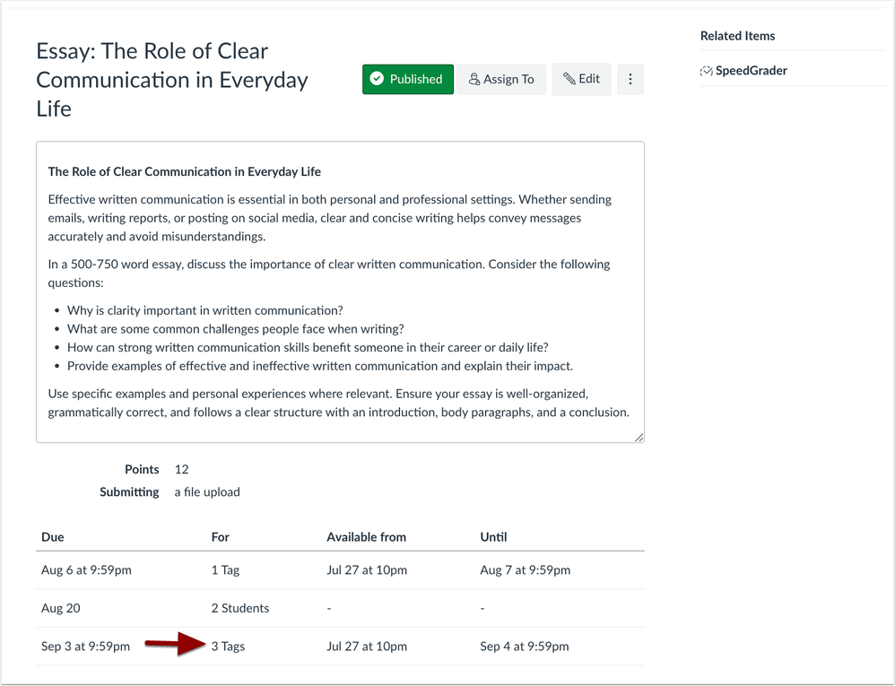 Assignment Details Page Tags Display