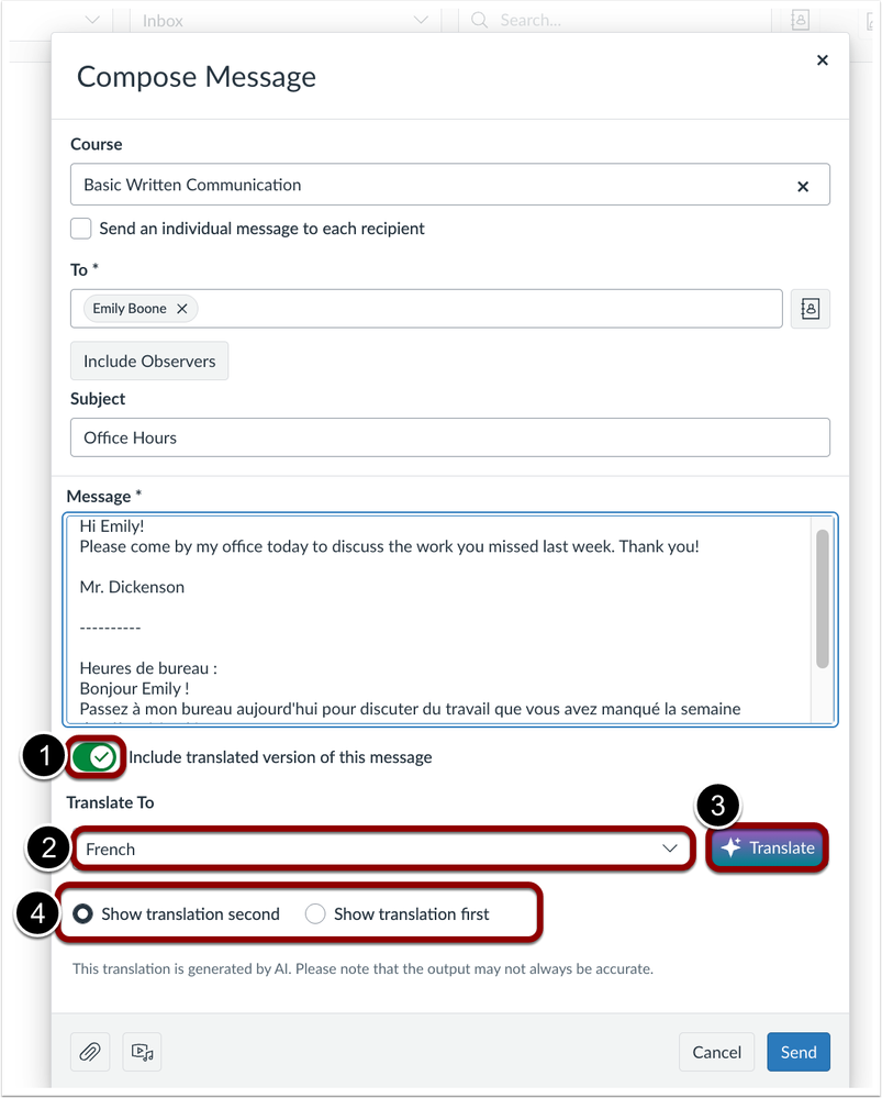 Compose Inbox Message Translation Options