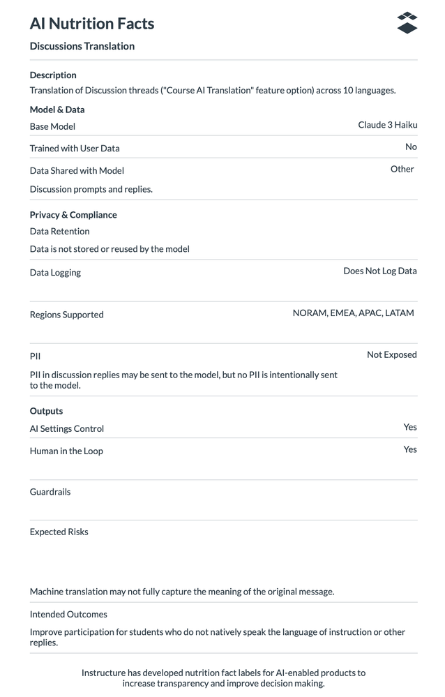 AI Nutrition Facts for Course level Translations (discussions)