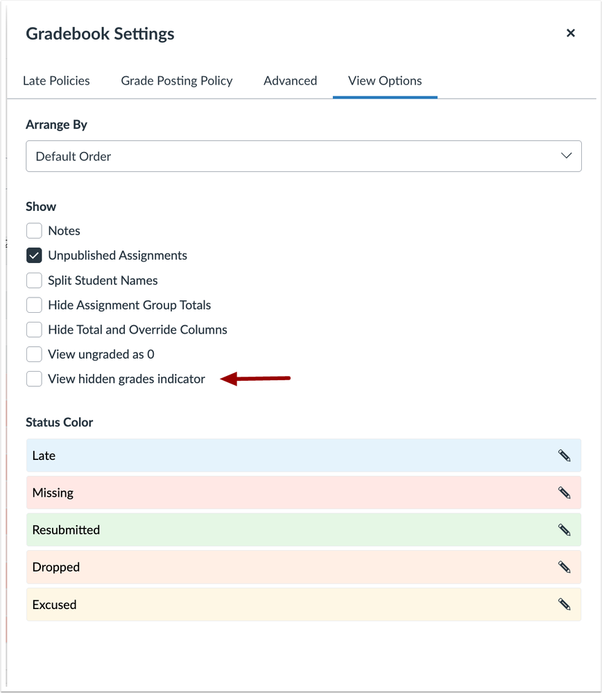 Gradebook Settings View Hidden Grades Indicator Checkbox