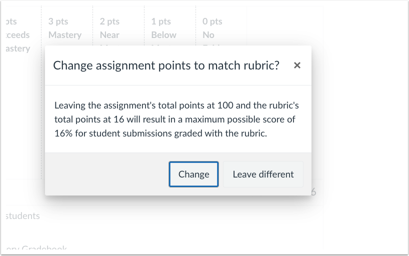 Change Assignment Points to Match Rubric Modal
