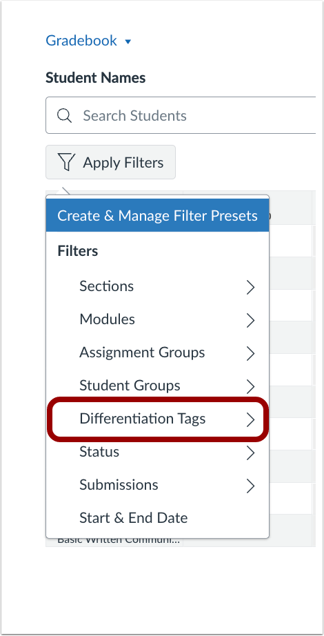 Gradebook Differentiation Tags Filter