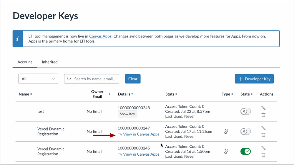 Developer Keys View In Canvas Apps Link