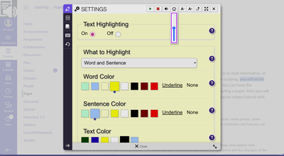 ReadSpeaker settings panel with options for text highlighting, colors, underline, and reading speed control.