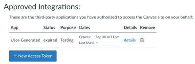 Approved Integrations section of the user's Settings page.