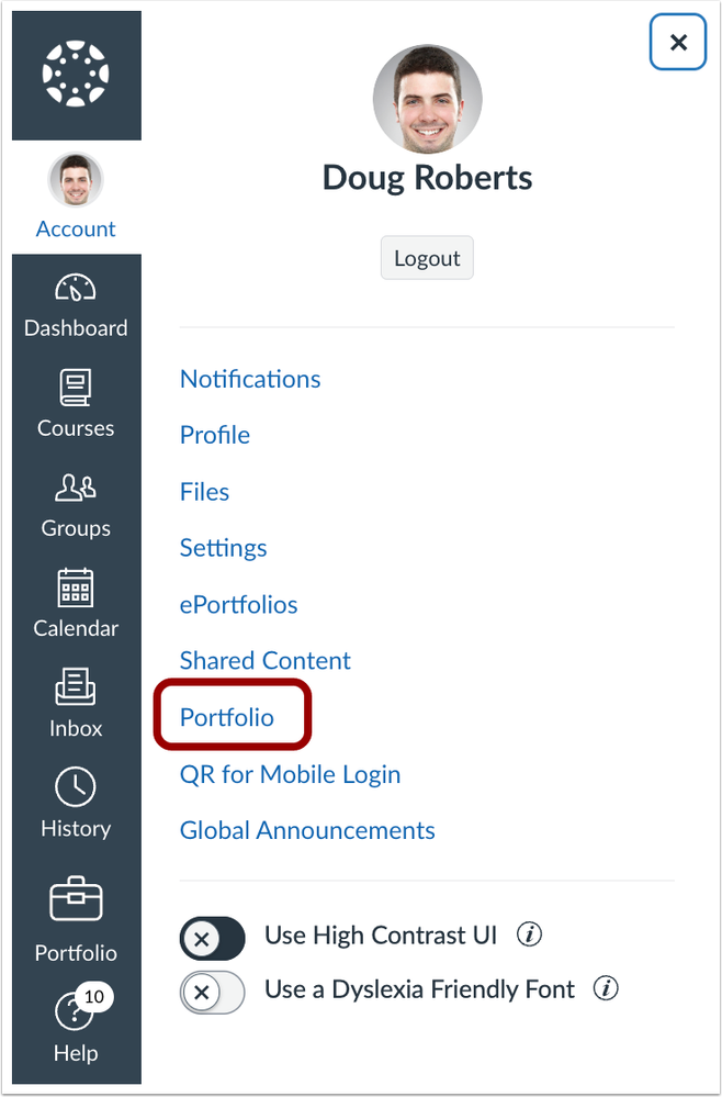 User Navigation Menu Portfolio Link