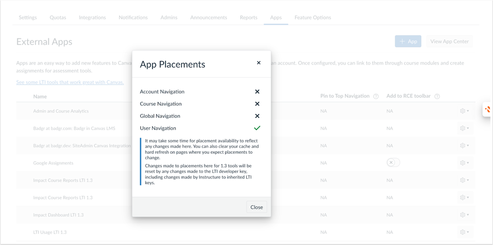App Placement Modal
