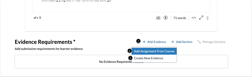Add Evidence and Add Section Links