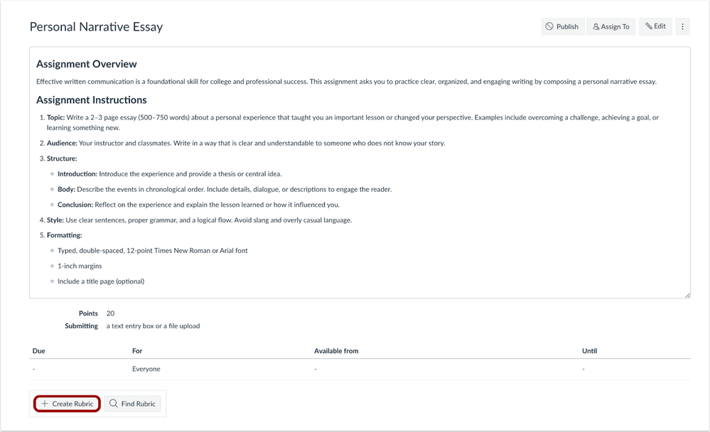Assignment Details Create Rubric Button