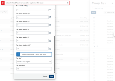 Maximum tag warnings for set and course