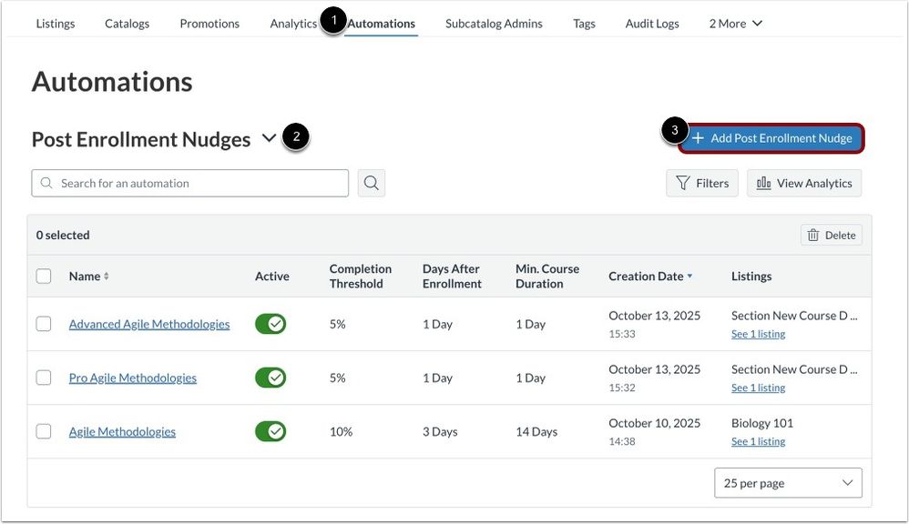 View Post Enrollment Nudges Automation Page