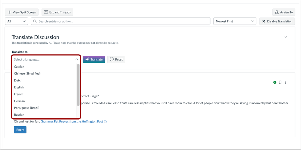 Language Translation Drop-Down Menu