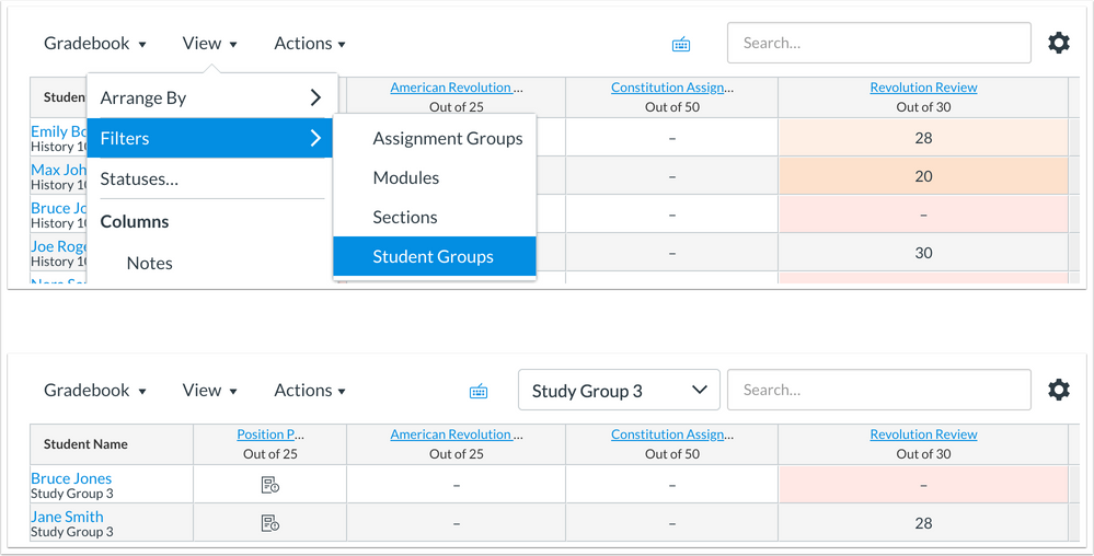 New Gradebook Filter includes a Student Groups option