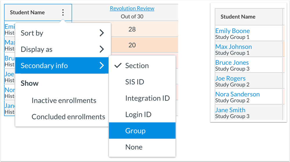 New Gradebook Student Name secondary info display includes Groups option
