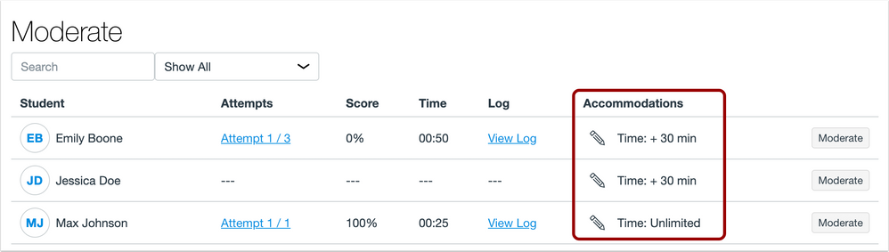 Quizzes.Next course-level accommodations column in Moderate page