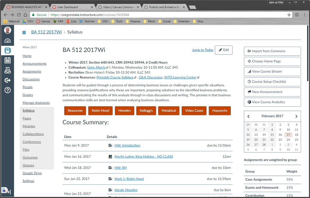 Course Home page in Canvas