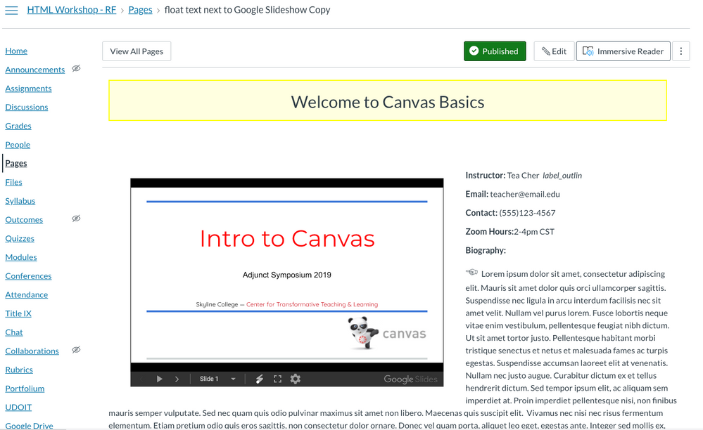 Canvas page featuring an embedded Google Slideshow