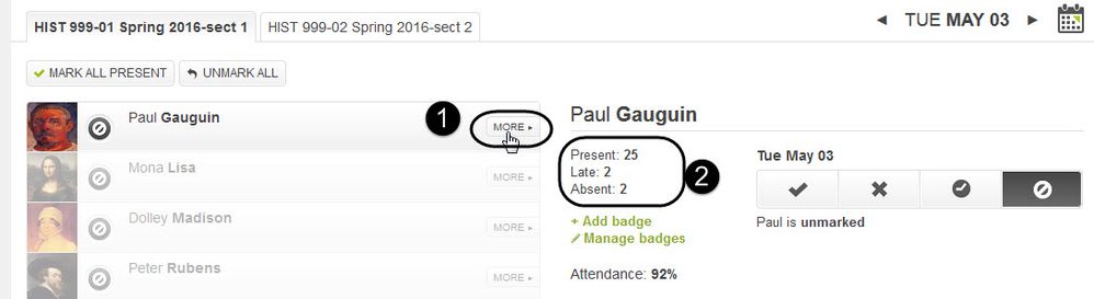 Roll Call Attendance Screen, clicking the MORE link Roll Call Attendance Screen, clicking the MORE link