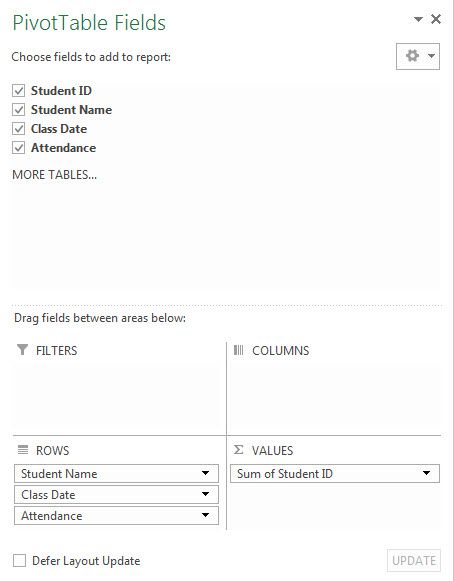Pivot Table Fields dialog box Pivot Table Fields dialog box