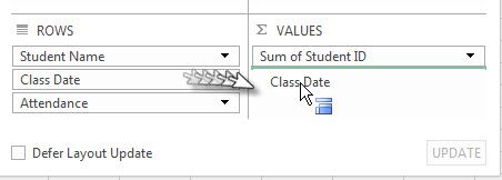 Clicking and dragging the Class Date field over to Values