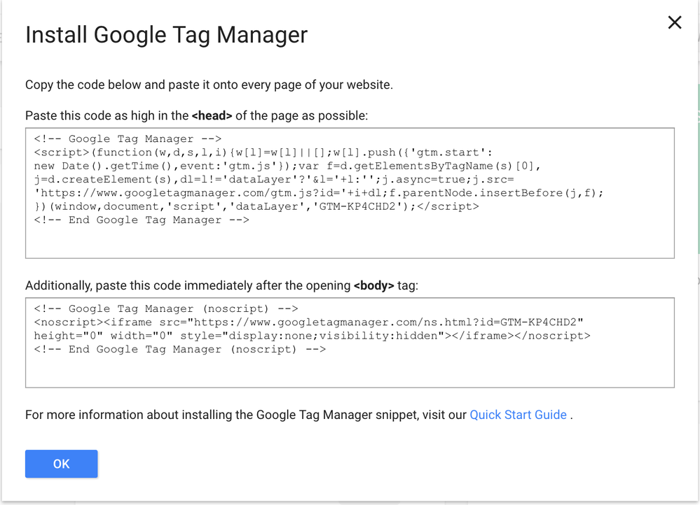 Screenshot showing the code needed to add the Google Tag Manager container into a site. 