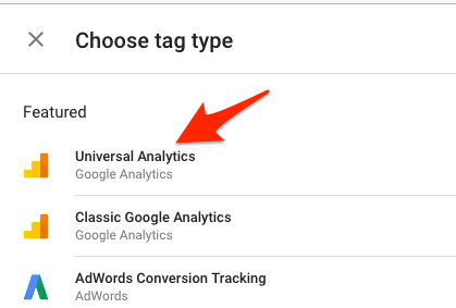 Arrow indicating the Universal Analytics tag. Arrow indicating the Universal Analytics tag.