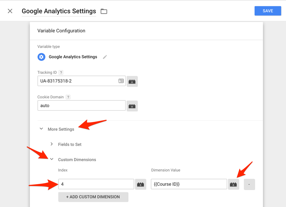 Highlighting More Settings, Custom Dimensions, Index and Dimension Value