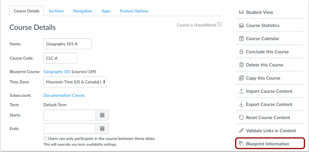 Associated courses include a link to the Blueprint information in Course Details, Course Settings