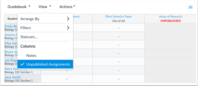 When unpublished assignments are shown in the New Gradebook, the assignment header indicates an unpublished status When unpublished assignments are shown in the New Gradebook, the assignment header indicates an unpublished status