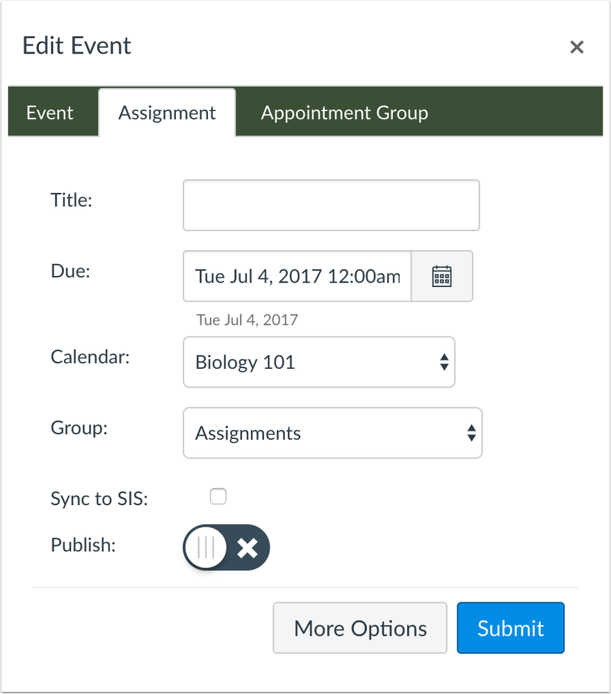 Calendar Assignments window includes sync to SIS option Calendar Assignments window includes sync to SIS option