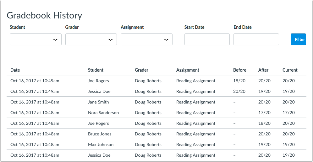 Gradebook History page results with no filtered history