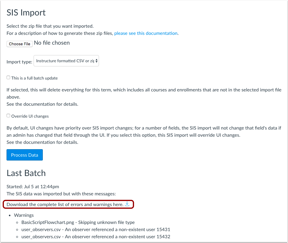 SIS Import page with CSV export icon 