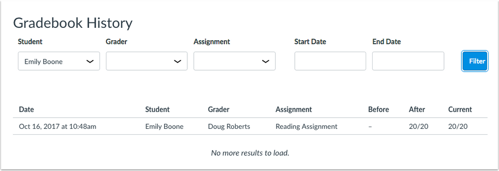 Gradebook History filter with student name and filtered page results 