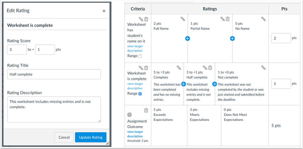 Rubric with Edit Rating window, rating title, and rating description