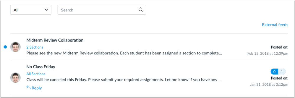 student view of new announcements page student view of new announcements page