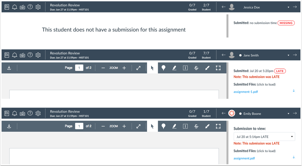 SpeedGrader examples of late and missing labels SpeedGrader examples of late and missing labels