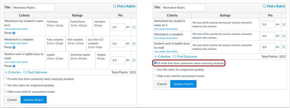 Rubric Range Checkbox with Free-form Comments Rubric Range Checkbox with Free-form Comments