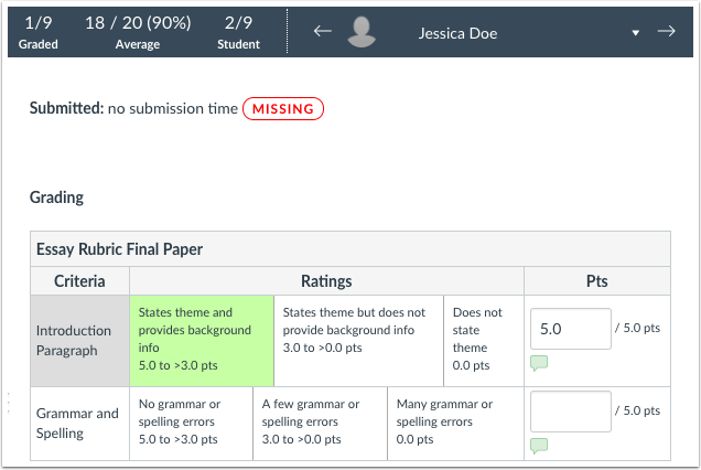 Example of a rubric range in SpeedGrader