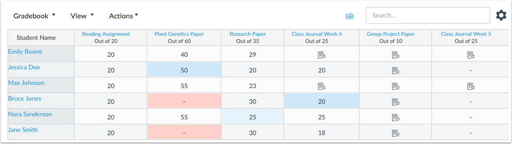 New Gradebook with new consistent icon indicating assignments that need grading