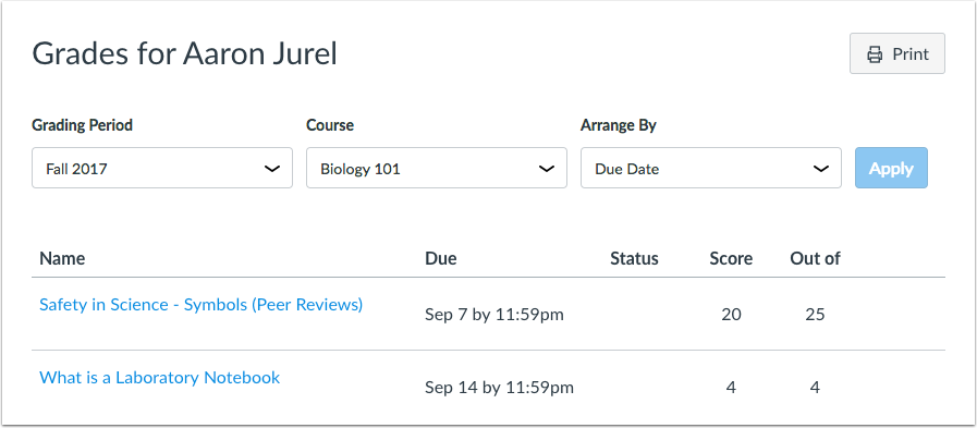 Student Grades page menu adjustments with menu headings and the Apply button