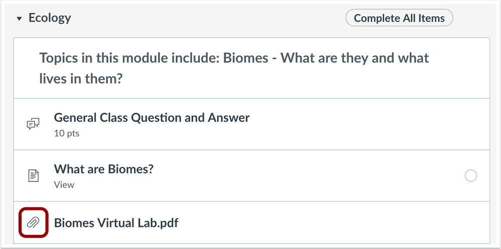 Files added as a module item include the attachment icon Files added as a module item include the attachment icon